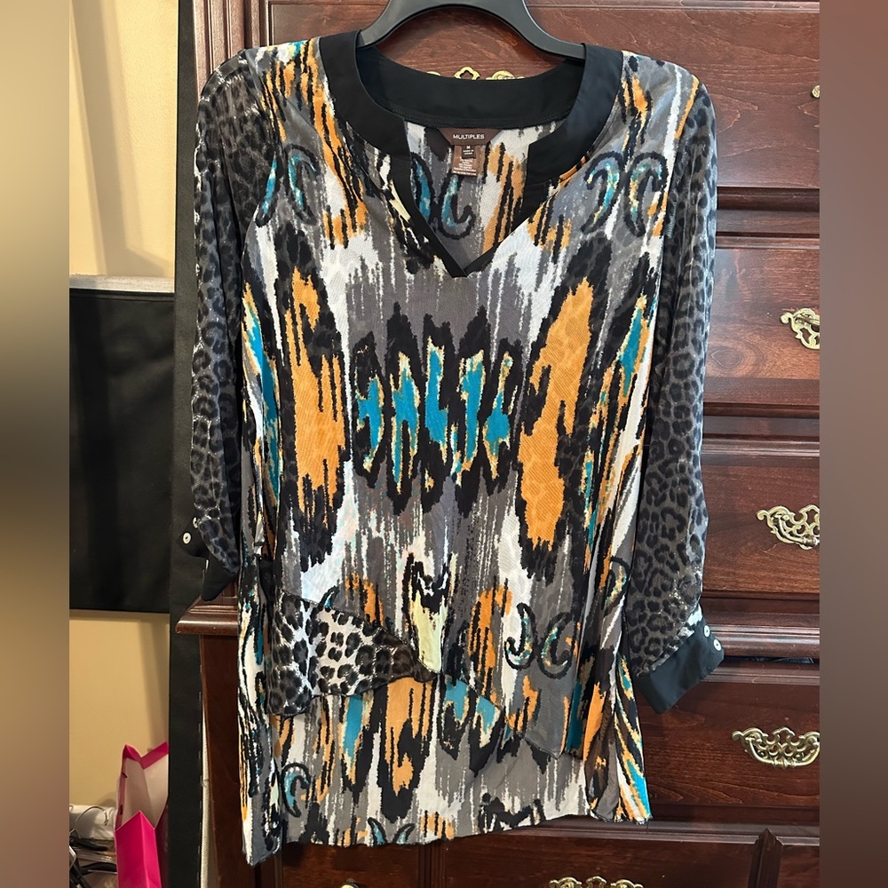 Multiples Black Orange Turquoise and Animal Print Patterned Blouse